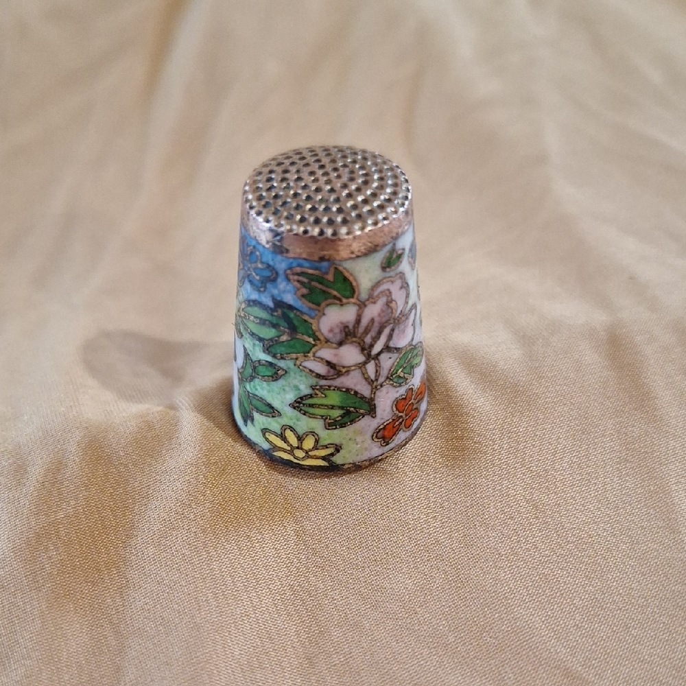 Floral Cloisonne Thimble with Brass Top